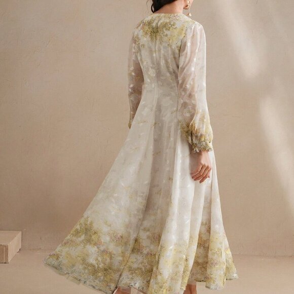 Multicolor Elegant Women's V-Neck Floral Print Sleeve Cottagecore Dress - Picture 2 of 8